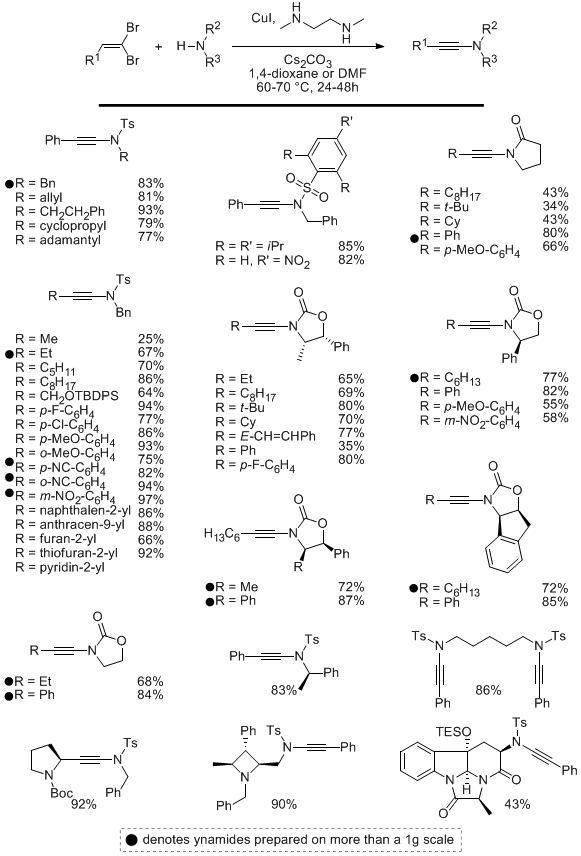 Figure 2. Scope of the copper-mediated coupling between nitrogen nucleophiles and 1,1-dibromoalkenes