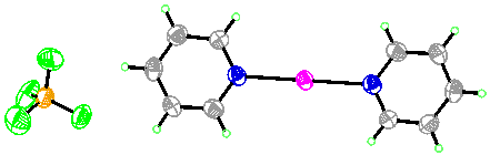 Figure 1. The molecular structure of bis(pyridine)iodonium(I) tetrafluoroborate, from the crystal structure at 150 K. Only one molecule is shown for clarity and the atomic displacement parameters are drawn at 50% probability.