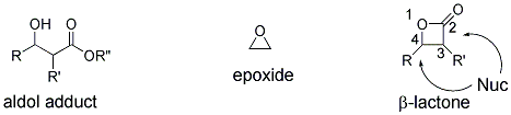 Figure 1. Comparison of structure and reactivity of β-lactones to aldol adducts and epoxides.