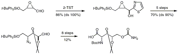 Scheme 9. Synthesis of N-Boc and acetonide protected 5-O-carbamoyl polyoxamic acid from chiral epoxy butanal.Dehoux, C.; Monthieu, C.; Baltas, M.; Gorrichon, L.


Synthesis 2000, 1409-1414.