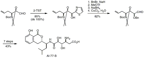 Scheme 10. Synthesis of the amino acid side chain of the pseudopeptide microbial agent AI-77-B from a formyl oxazolidine.(a) Ghosh, A.


K.; Bischoff, A.; Capiello, J.


Org.


Lett. 2001, 3, 2677-2680.


(b) Ghosh, A.


K.; Bischoff, A.; Capiello, J.


Eur.


J.


Org.


Chem. 2003, 821-832.