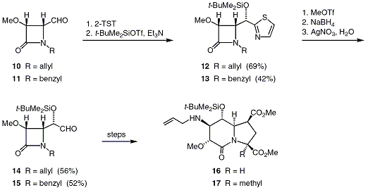 Scheme 12. Synthesis of α-alkoxy β-lactam acetaldehydes from 4-oxoazetidine-2-carbaldehydes en route to azabicyclo[4.3.0]nonane (indolidizinone) amino esters.