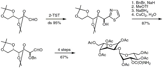 Scheme 1. Synthesis of the disaccharide subunit of bleomycin A2 from aldehydo-L-xylose.Dondoni, A.; Marra, A.; Massi, A.


J.


Org.


Chem. 1997, 62, 6261-6267.
