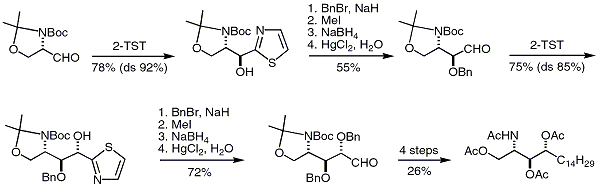 Scheme 3. Synthesis of an acetylated phytosphingosine from N-Boc serinal acetonide.(a) Dondoni, A.; Fantin, C.; Fogagnolo, M.; Pedrini, P.


J.


Org.


Chem. 1990, 55, 1439-1446.


(b) Dondoni, A.; Perrone, D.


Org.


Synth. 1999, 77, 64-77.