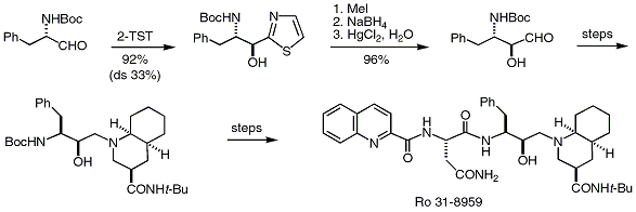 Scheme 5. Synthesis of a hydroxyethylamine isosteric dipeptide precursor of Saquinavir (Ro 31-8959) from N-Boc phenylalaninal (Hoffman-La Roche method).Parkes, K.


E.


B.; Bushnell, D.


J.; Crackett, P.


H.; Dunsdon, S.


J.; Freeman, A.


C.; Gunn, M.


P.; Hopkins, R.


A.; Lambert, R.


W.; Martin, J.


A.; Merrett, J.


H.; Redshaw, S.; Spurden, W.


C.; Thomas, G.


J.


J. Org.


Chem. 1994, 59, 3656-3664.