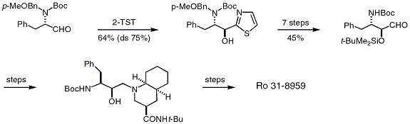 Scheme 6. Synthesis of a hydroxyethylamine isosteric dipeptide precursor of Saquinavir (Ro 31-8959) from N-Boc,N-PMB phenylalaninal (Dondoni method).Dondoni, A.; Perrone, D.; Merino, P.


J.


Org.


Chem. 1995, 60, 8074-8080.
