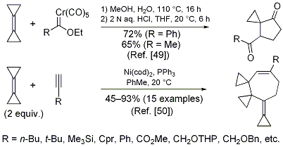 Figure 10.





[4+1] Cocyclization of BCP with Fischer carbenechromium complexes and nickel-catalyzed intermolecular [3+2+2] cocyclizations of BCP and alkynes.Kurahashi, T.; Wu, Y.-T.; Meindl, K.; Rühl, S.; de Meijere, A.





Synlett 2005, 805-808.,Zhao, L.; de Meijere, A.





Adv.





Synth.





Cat.





2006, 348, 2484-2492.





