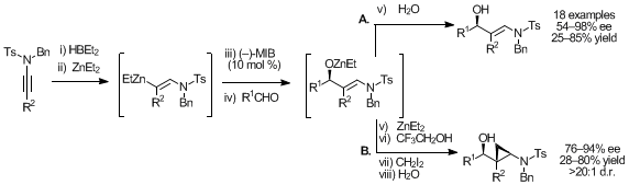 Figure 9. A) Synthesis of β-hydroxyenamines and B) tandem synthesis of syn-aminocyclopropyl alcohols.