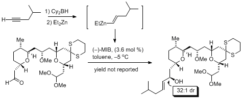 Figure 11. Hong and coworkers diastereoselective vinyl carbonyl addition in the formal synthesis of leucascandrolide A.