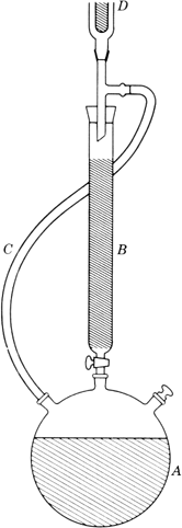 Fig. 1. A, 5-l. three-necked flask with electric heating mantle; B, alumina column 45 cm. × 3.8 cm. (Merck basic alumina); C, polyethylene tubing; D, condenser (see ).