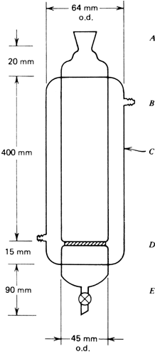 Figure 1. Not drawn to scale. (A) 29/26 joint; (B) hose connection; (C) water jacket; (D) 40 mm Kimflow fritted disk, size 40-C (coarse), Lab Glass LG28280; (E) Teflon Stopcock 2-mm plug bore, Lab Glass LG9605T.