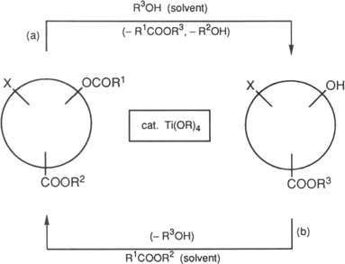 Scheme 1. Titanate-mediated transesterifications. X = functional group (see accompanying text); (a) transesterification in alcoholic solvents, with removal of acyl protecting groups and exchange of the alcohol component of ester groups in the substrate; (b) transesterification in ester solvents, with acylation of hydroxy groups and exchange of the alcohol or of the acid component of ester groups in the substrate.