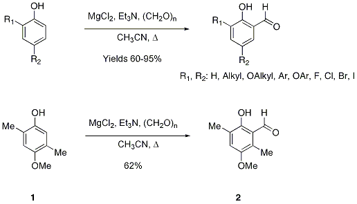 Figure 1. Ortho-formylation of phenols using MgCl2, Et3N and para-formaldehyde.