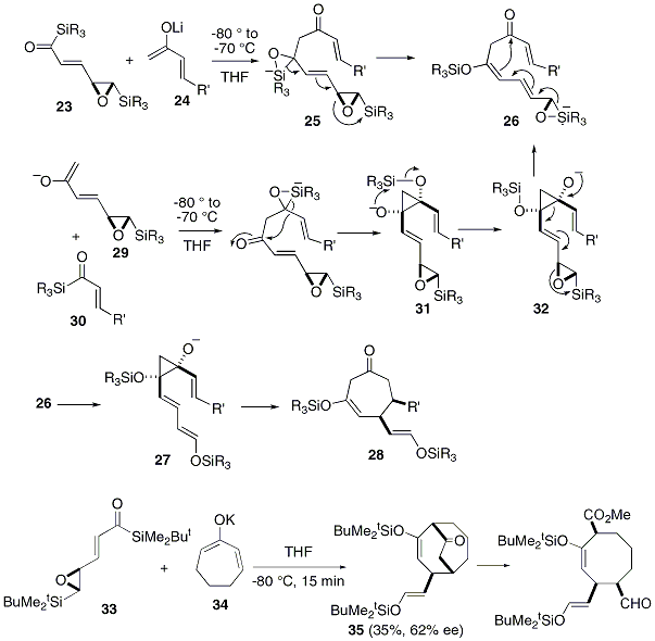 Scheme 6 Stereocontrolled construction of seven- and eight-membered carbocycles using a combination of Brook rearrangement-mediated [3 + 4] annulation and epoxysilane rearrangement.